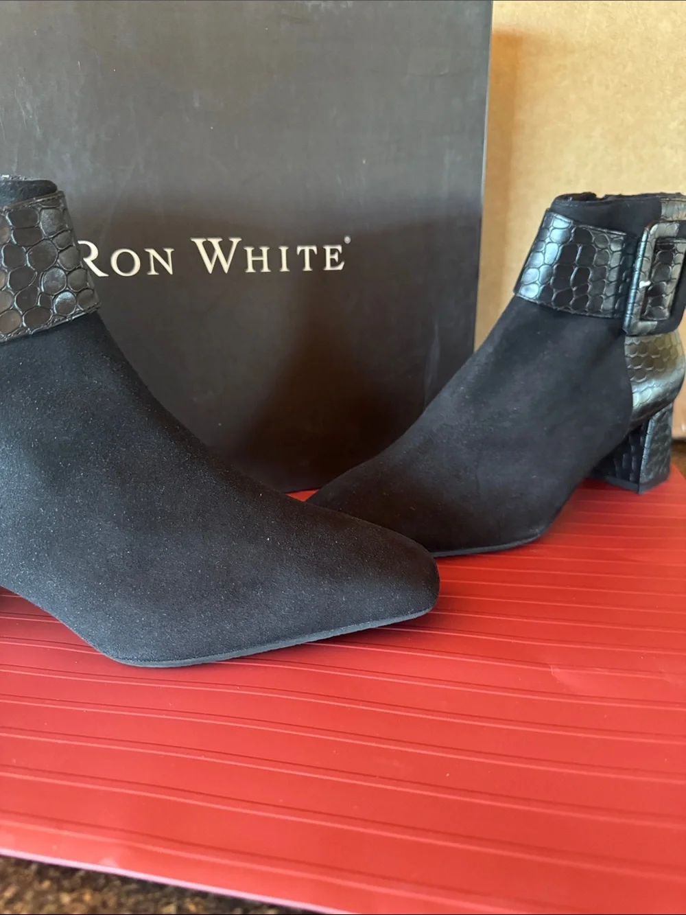Ron White Black Suede Ankle Boot with Croc-Embossed Buckle